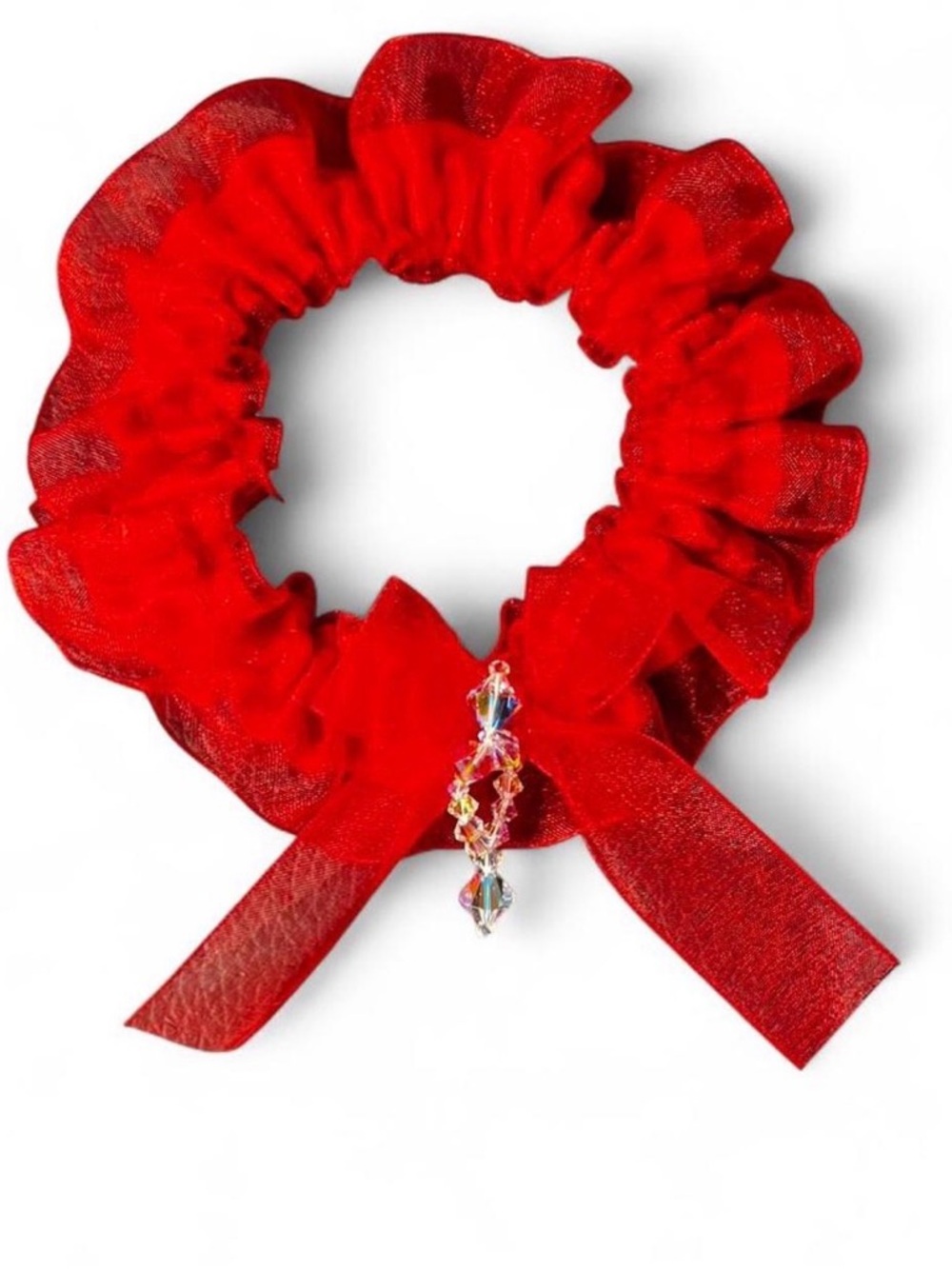 Red Ruffled Garter with Bow & Crystal Charm